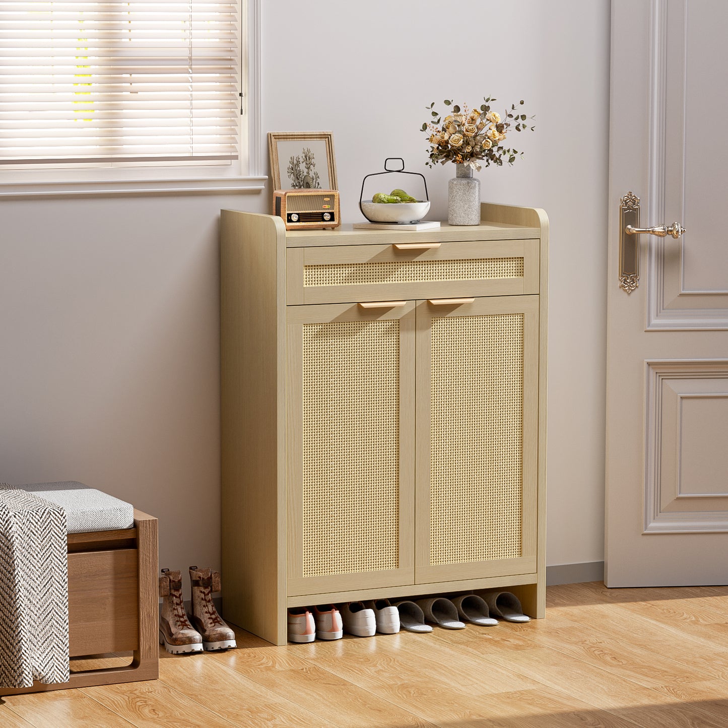HAIOOU Rattan Shoe Storage Cabinet,Elegant Style Wood Shoe Rack with Adjustable Shelf ,Rustic Brown