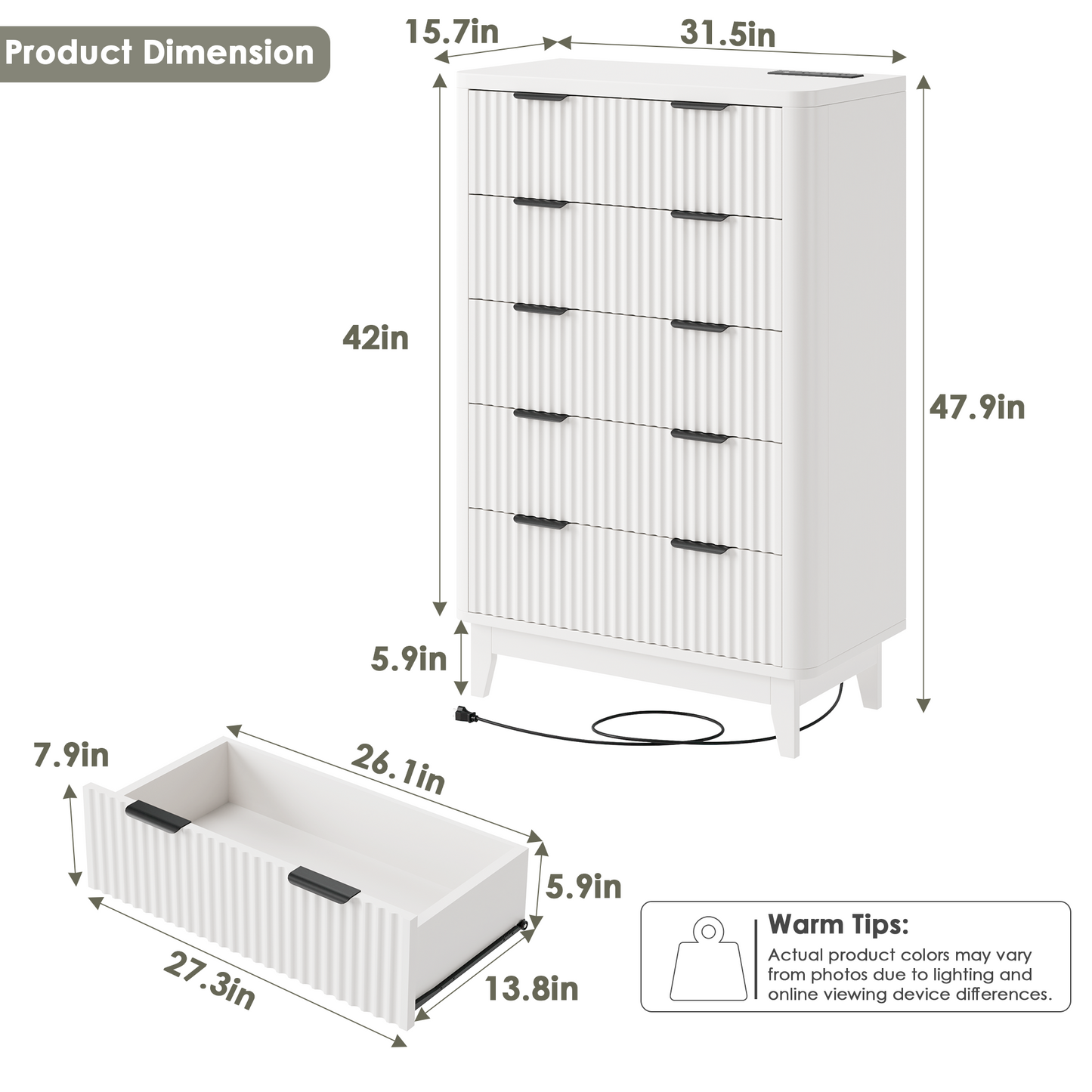 HAIOOU Fluted 5 Drawers Dresser for Bedroom,White