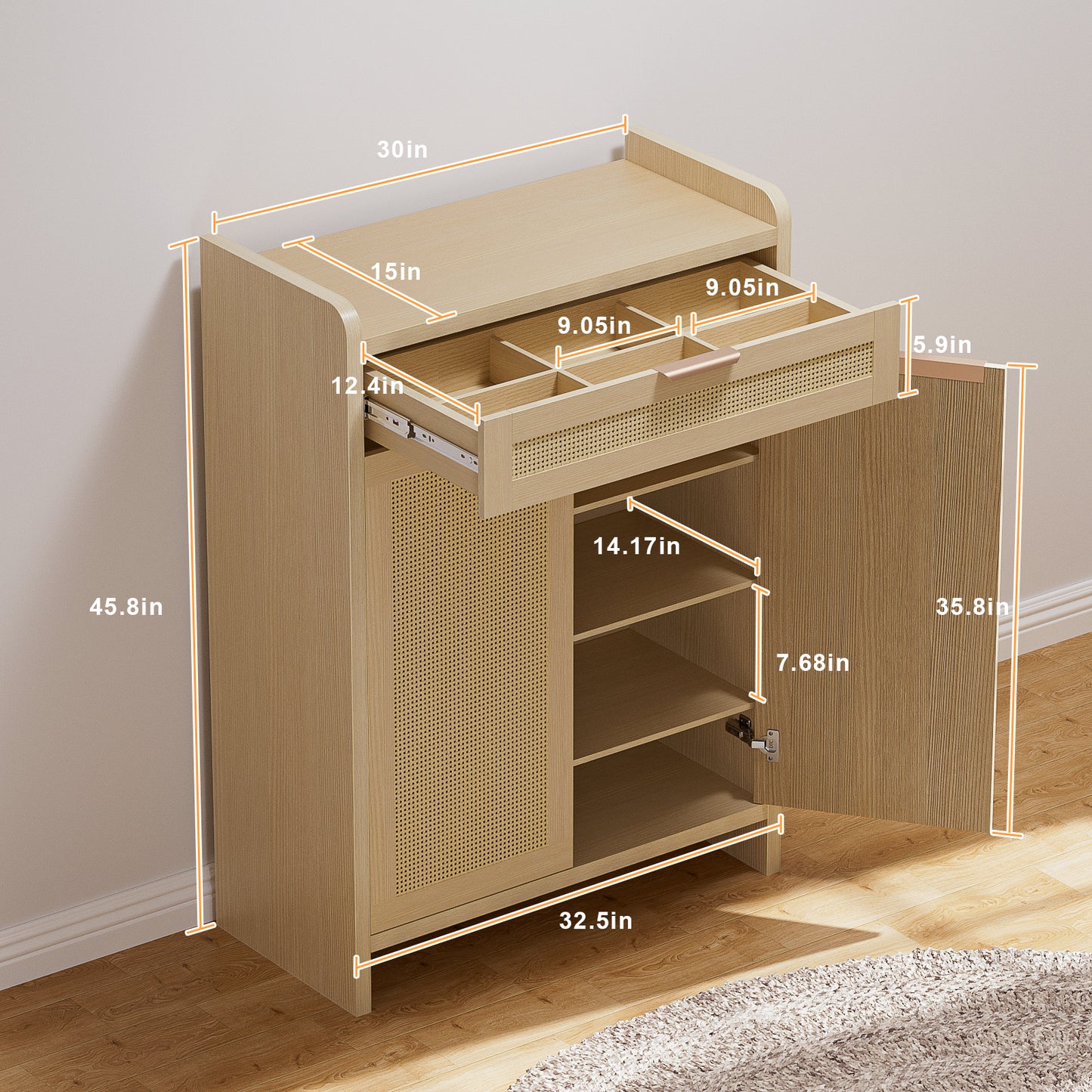 HAIOOU Rattan Shoe Storage Cabinet,Elegant Style Wood Shoe Rack with Adjustable Shelf ,Rustic Brown