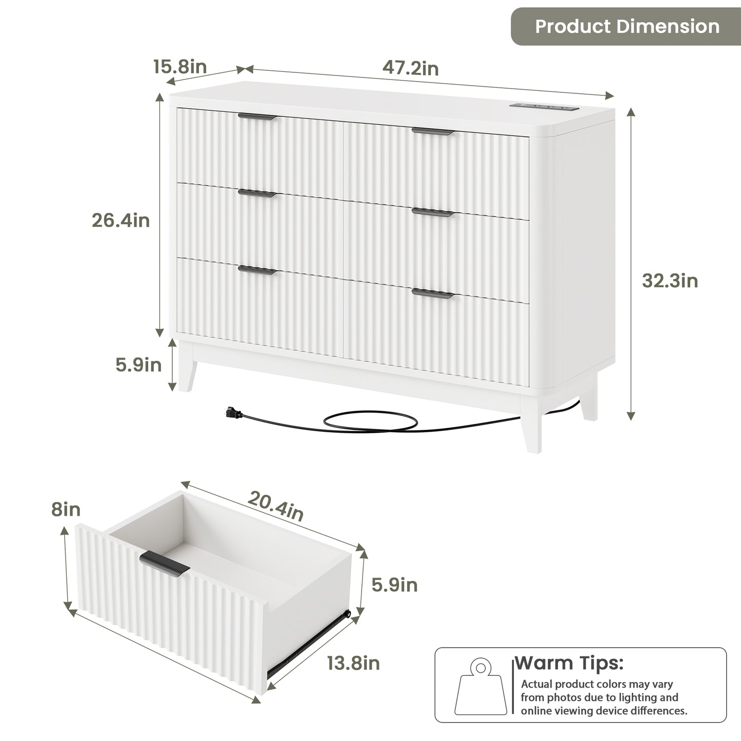 HAIOOU Fluted 6 Drawers Dresser for Bedroom,White