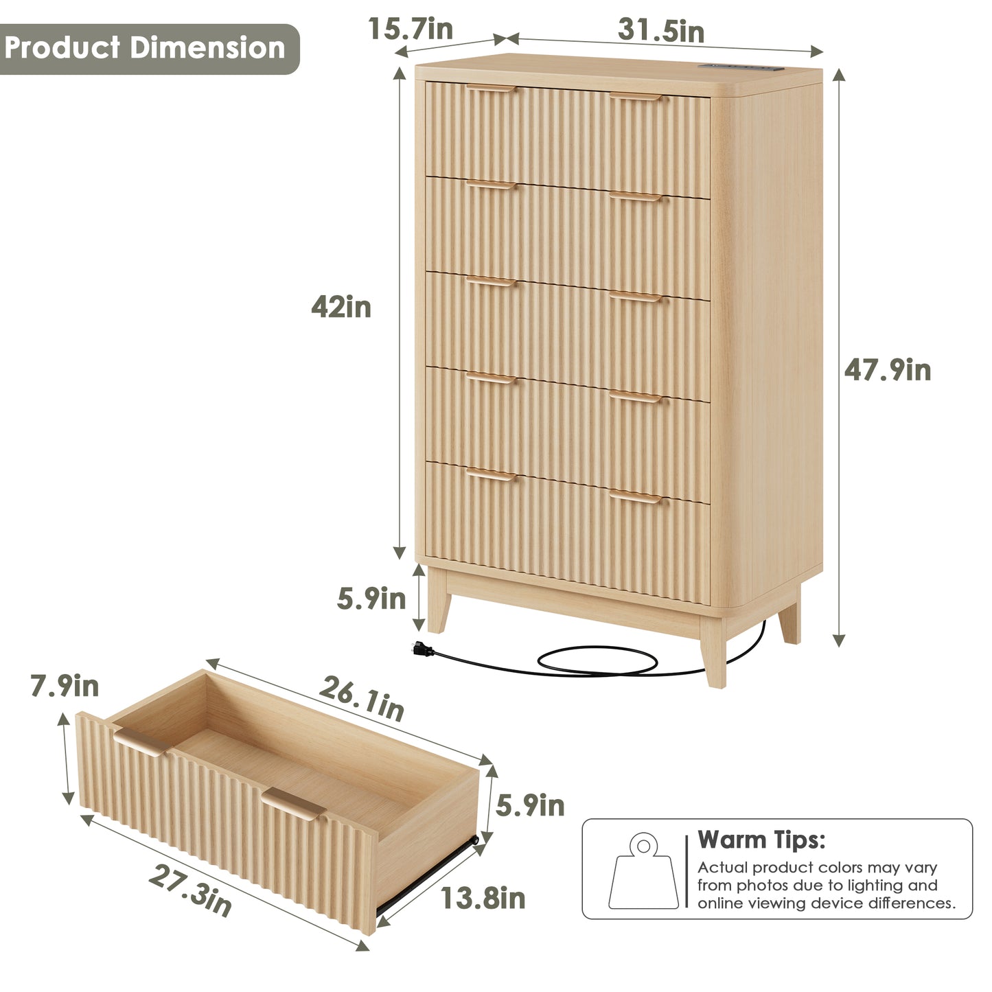 HAIOOU Fluted 5 Drawers Dresser for Bedroom