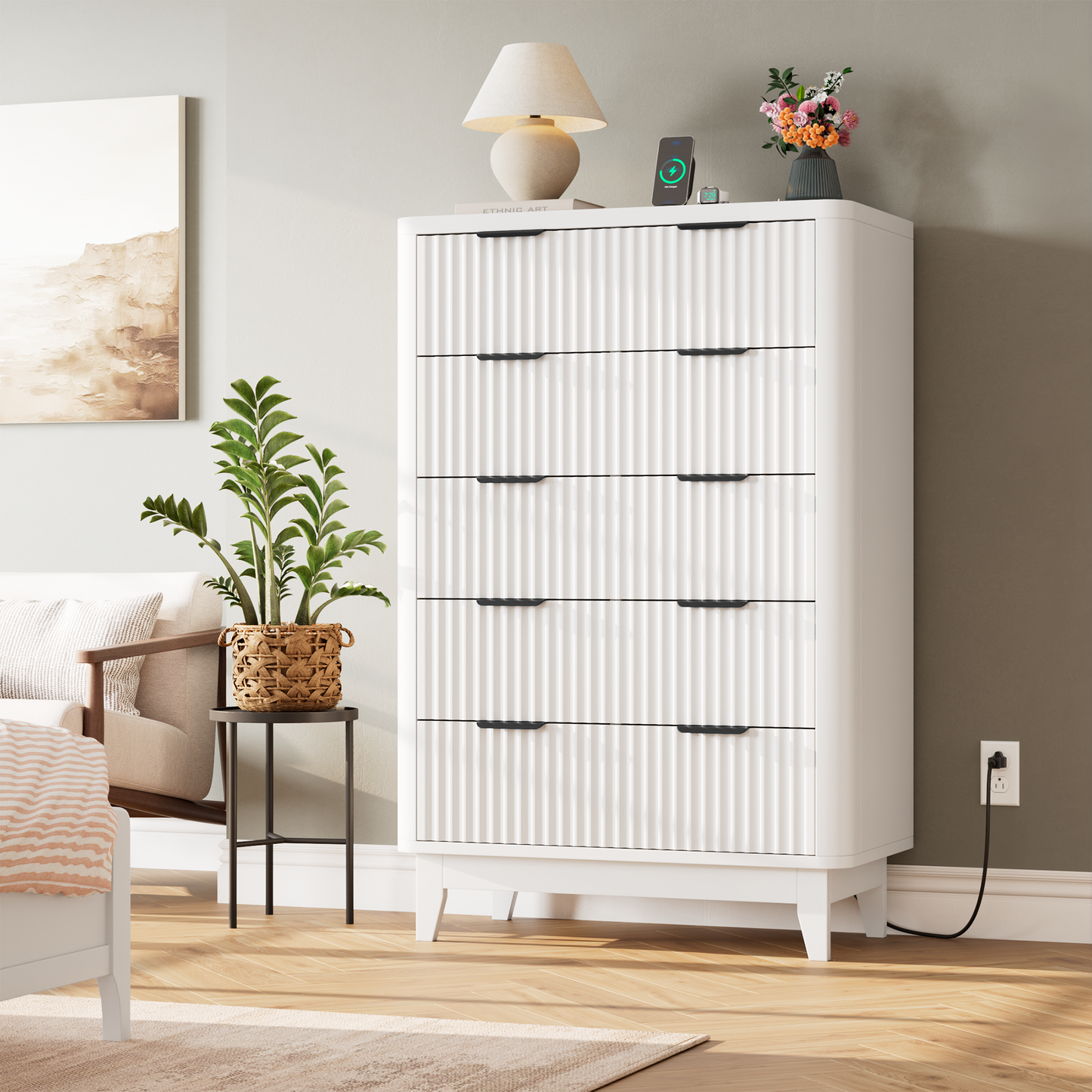 HAIOOU Fluted 5 Drawers Dresser for Bedroom,White