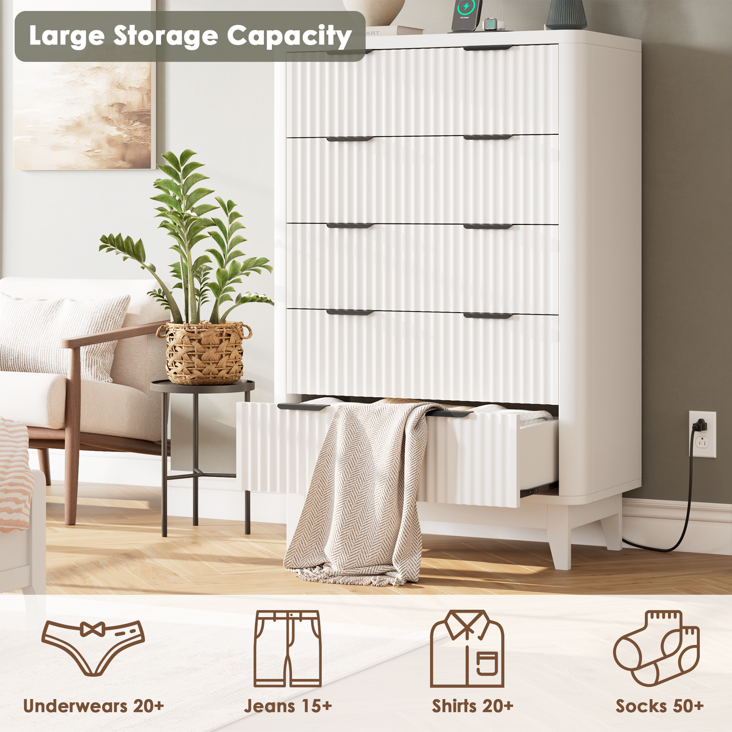 HAIOOU Fluted 5 Drawers Dresser for Bedroom,White
