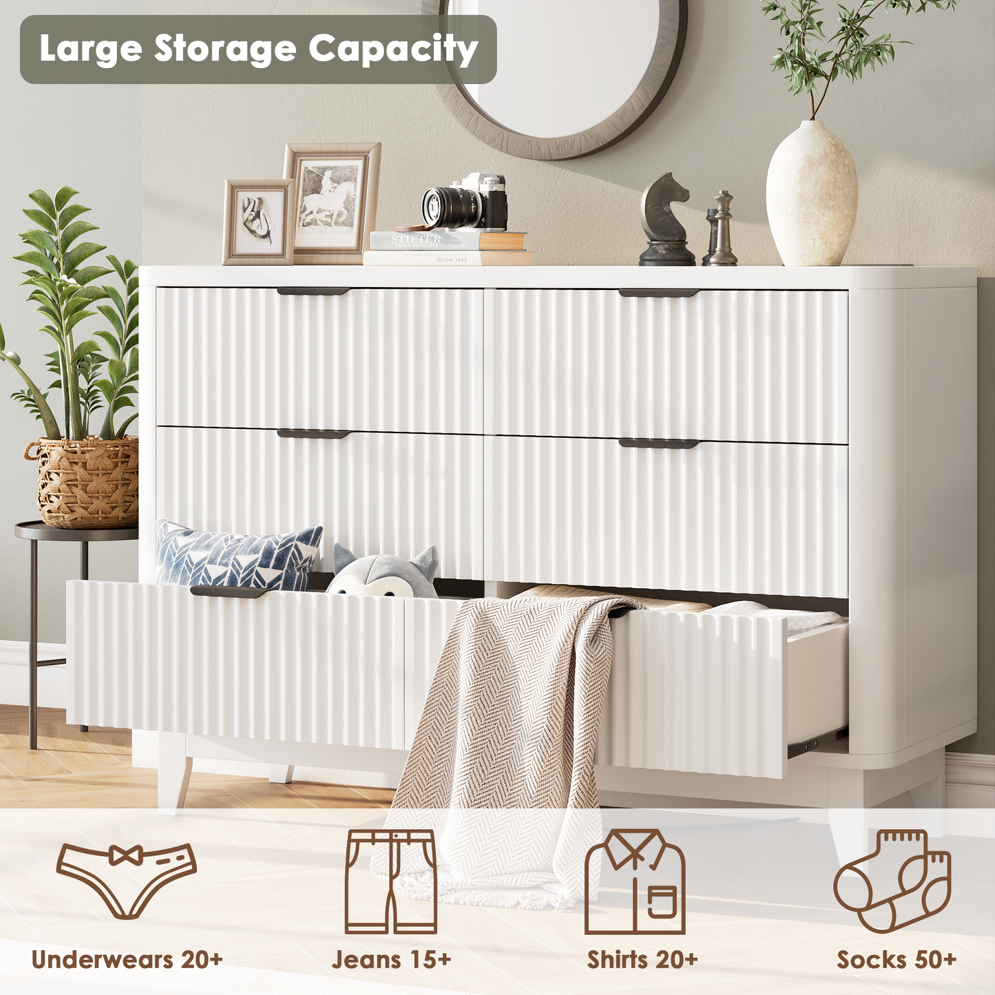 HAIOOU Fluted 6 Drawers Dresser for Bedroom,White