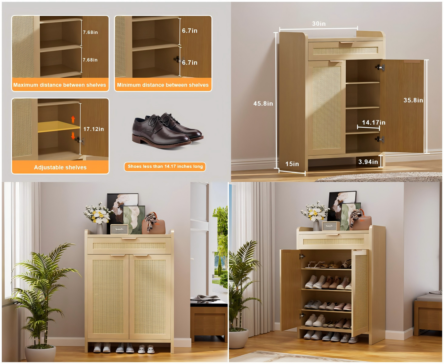 HAIOOU Rattan Shoe Storage Cabinet,Elegant Style Wood Shoe Rack with Adjustable Shelf ,Rustic Brown