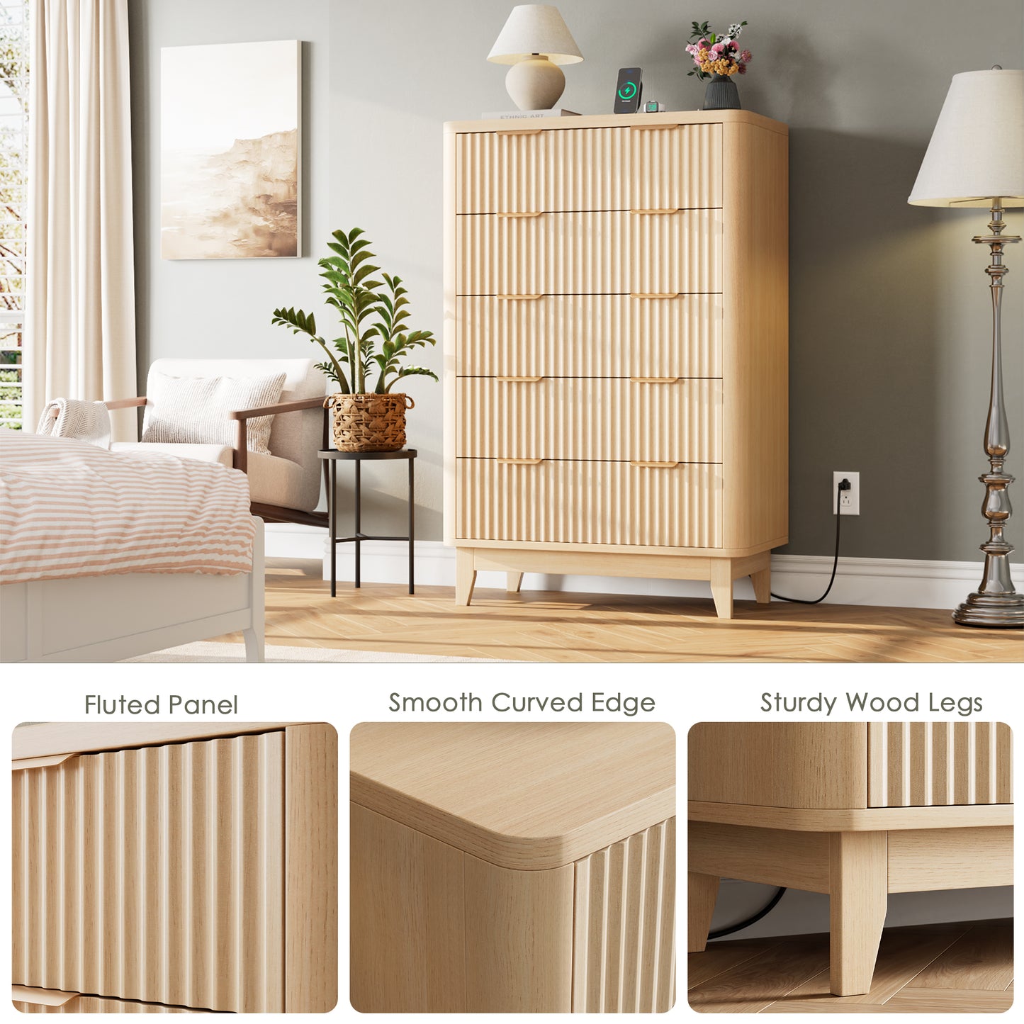 HAIOOU Fluted 5 Drawers Dresser for Bedroom