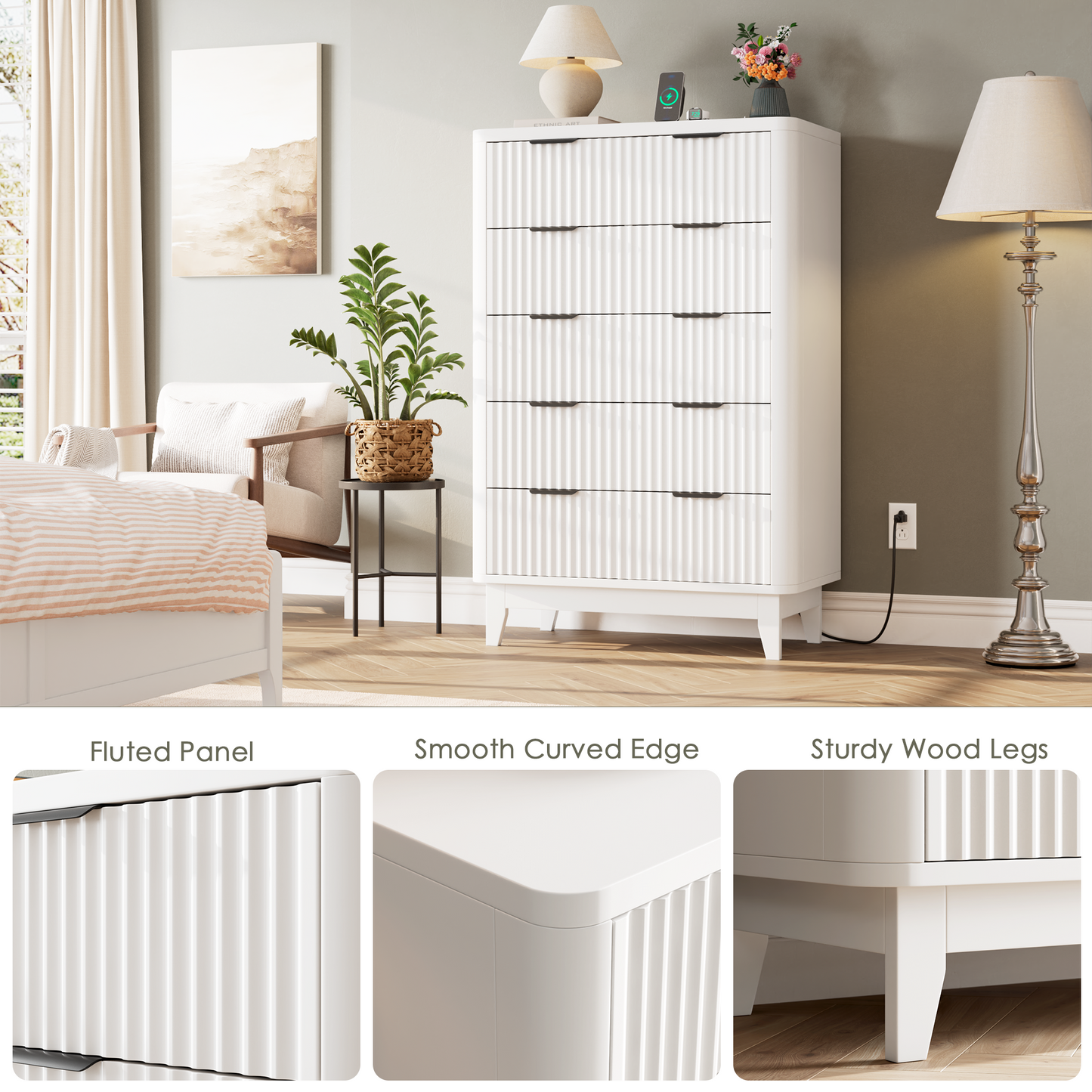 HAIOOU Fluted 5 Drawers Dresser for Bedroom,White