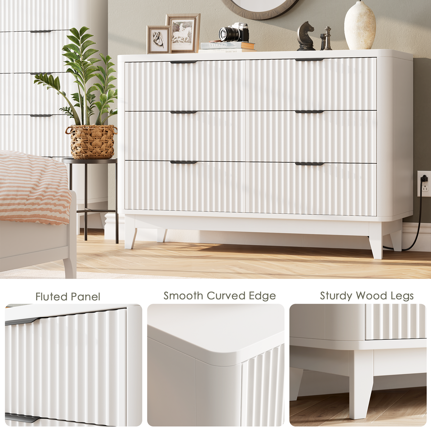 HAIOOU Fluted 6 Drawers Dresser for Bedroom,White