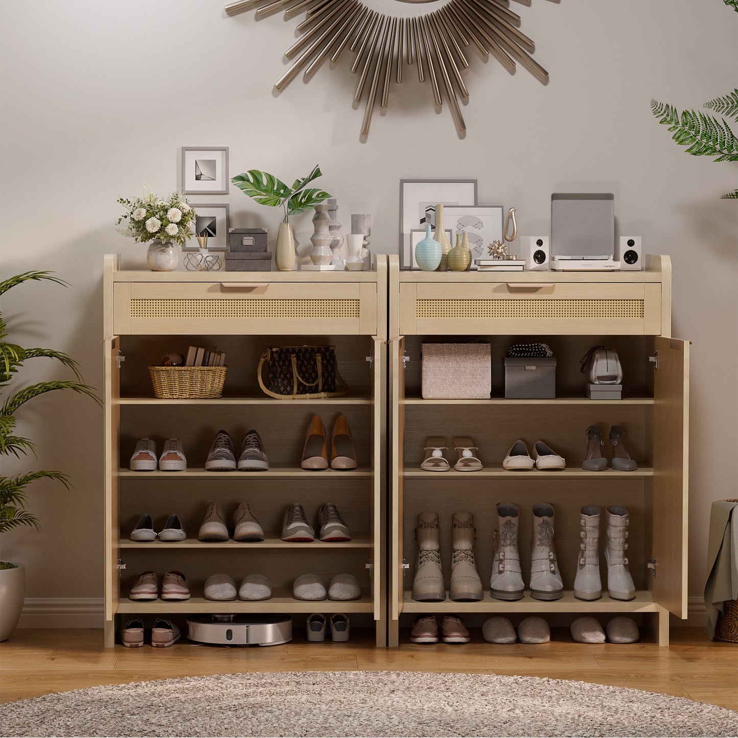 HAIOOU Rattan Shoe Storage Cabinet,Elegant Style Wood Shoe Rack with Adjustable Shelf ,Rustic Brown
