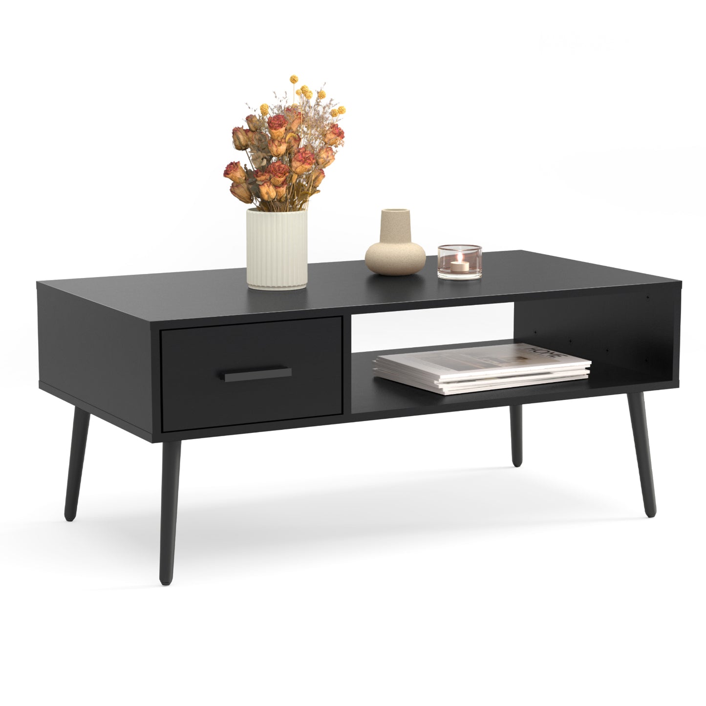 Black Coffee Table with Drawer for Home, Office, Living Room, HAIOOU Mid Century Modern Style Cocktail Table TV Stand with Open Storage Shelf