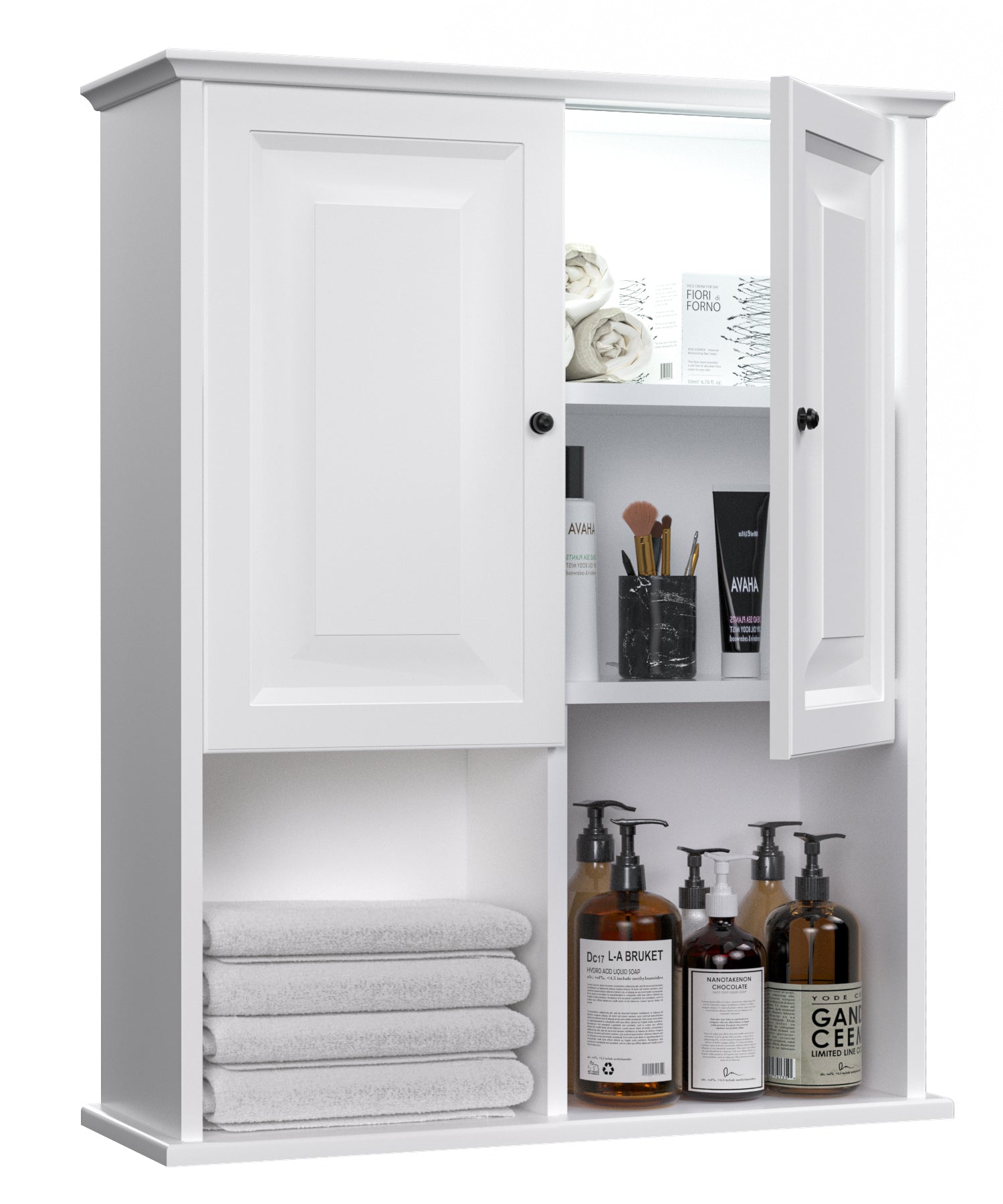 Wall Mount Bathroom Cabinet Wooden Medicine Cabinet Storage Organizer  Double Door with 2 Shelves, and Open Display Shelf 