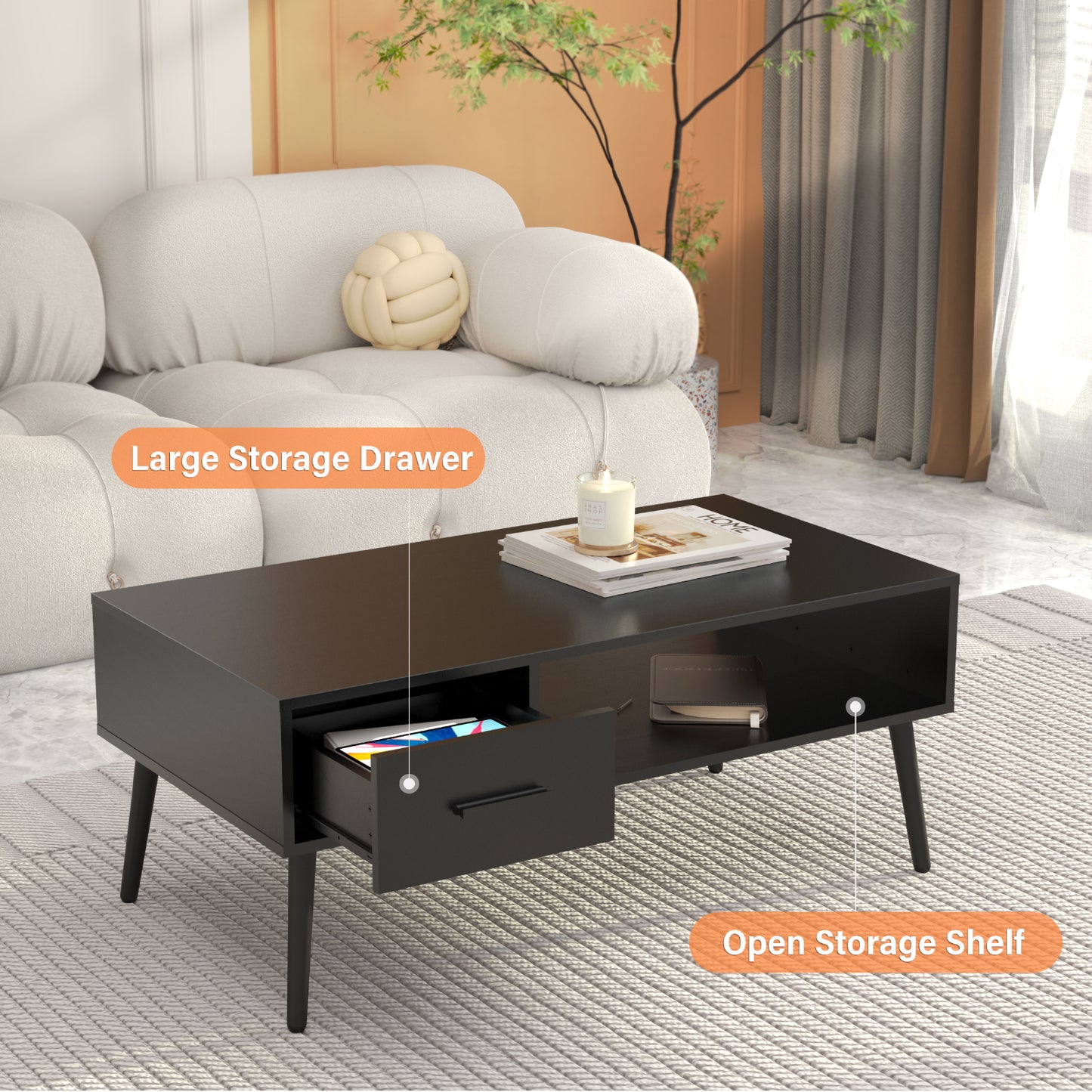 Black Coffee Table with Drawer for Home, Office, Living Room, HAIOOU Mid Century Modern Style Cocktail Table TV Stand with Open Storage Shelf
