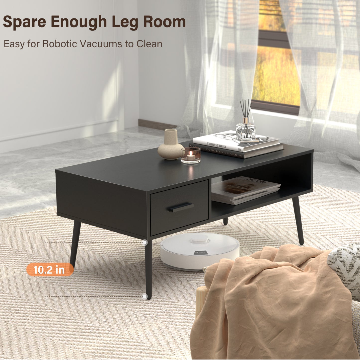 Black Coffee Table with Drawer for Home, Office, Living Room, HAIOOU Mid Century Modern Style Cocktail Table TV Stand with Open Storage Shelf