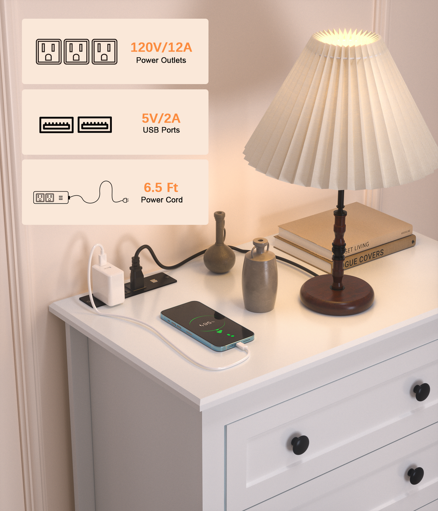 HAIOOU 5 Drawer White Dresser with Power Outlets