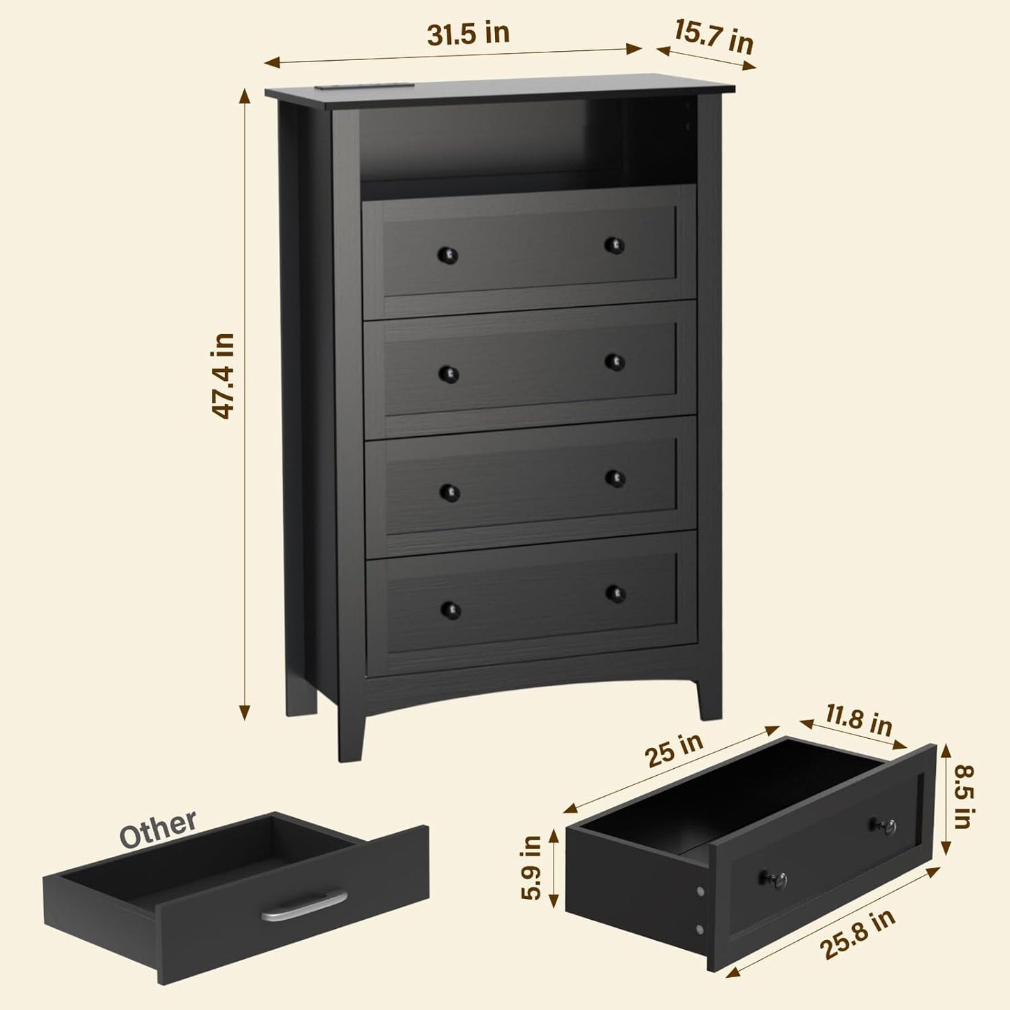 HAIOOU 4 Drawer Dresser Black