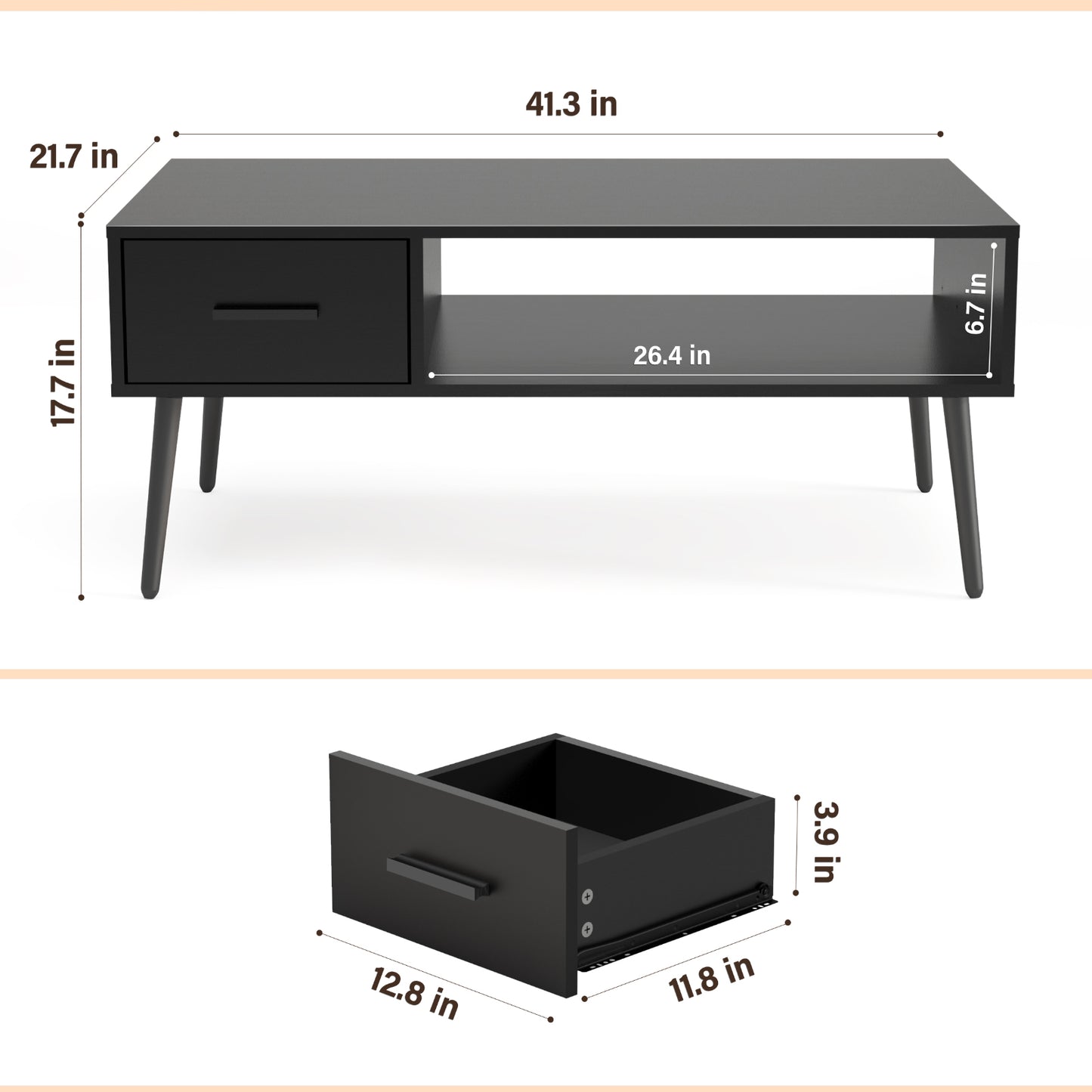Black Coffee Table with Drawer for Home, Office, Living Room, HAIOOU Mid Century Modern Style Cocktail Table TV Stand with Open Storage Shelf