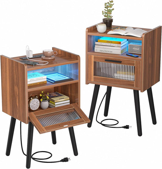 HAIOOU Set of 2 Mid Century Nightstand with Charging Station