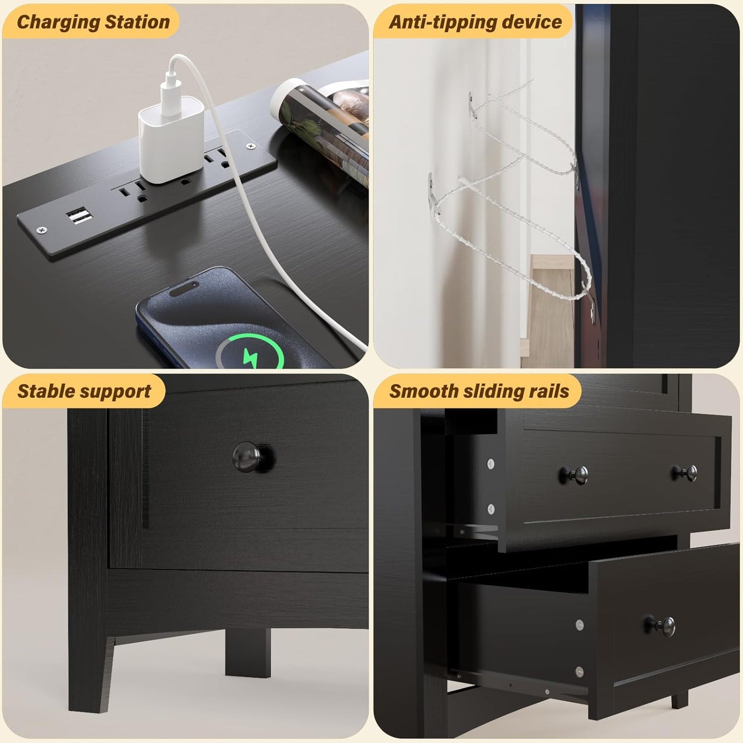 HAIOOU Black Chests of Drawer with Charging Station and LED Lights