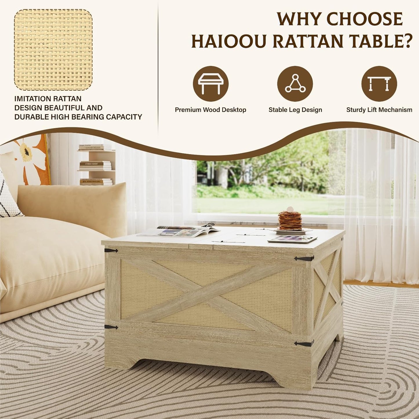HAIOOU Farmhouse Rattan Coffee Table with Storage Natural