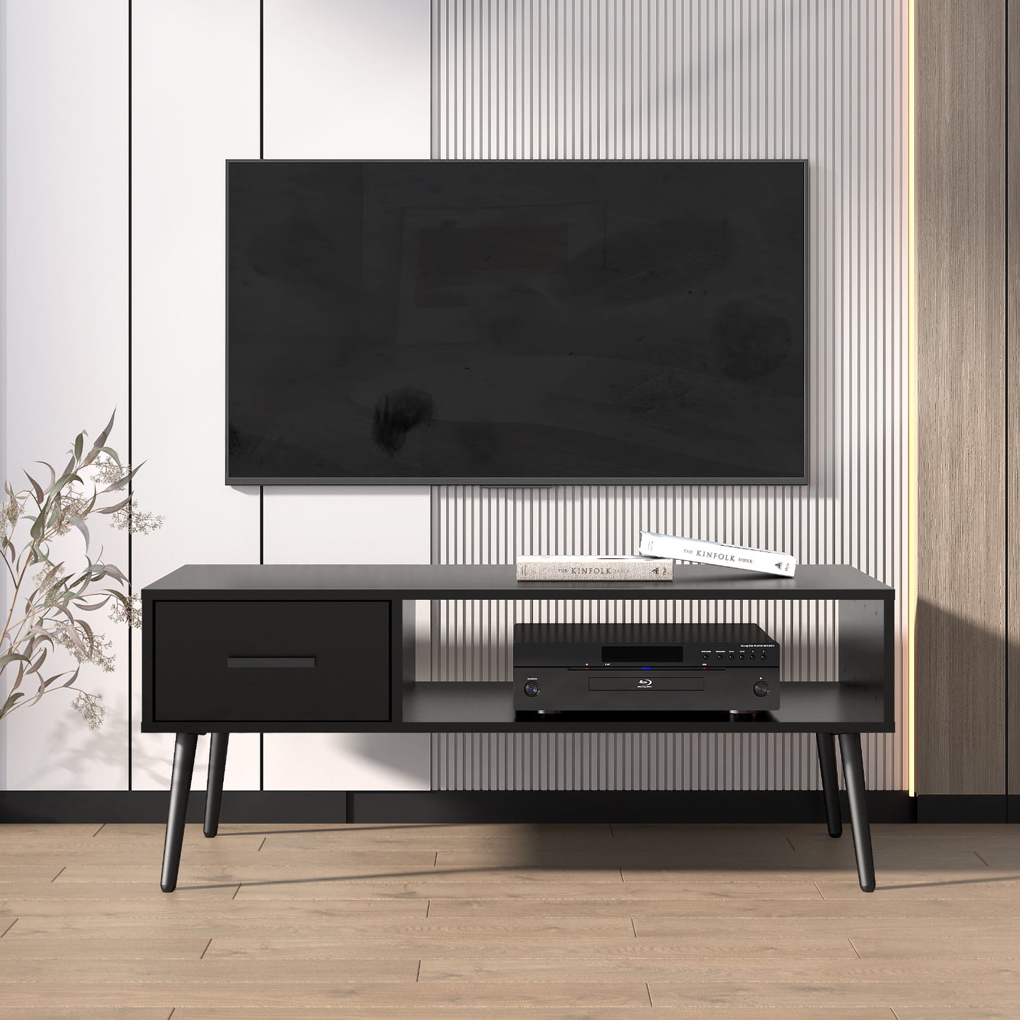 Black Coffee Table with Drawer for Home, Office, Living Room, HAIOOU Mid Century Modern Style Cocktail Table TV Stand with Open Storage Shelf