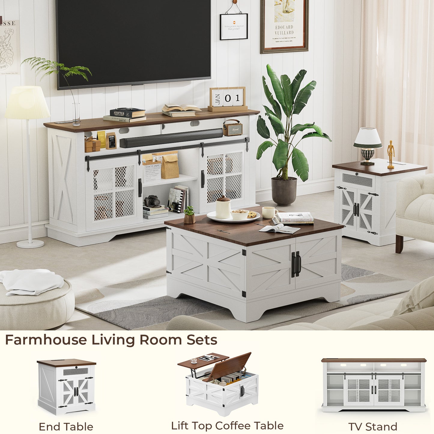 HAIOOU Farmhouse TV Stand for TVs up to 70" with LED Light & Power Outlets