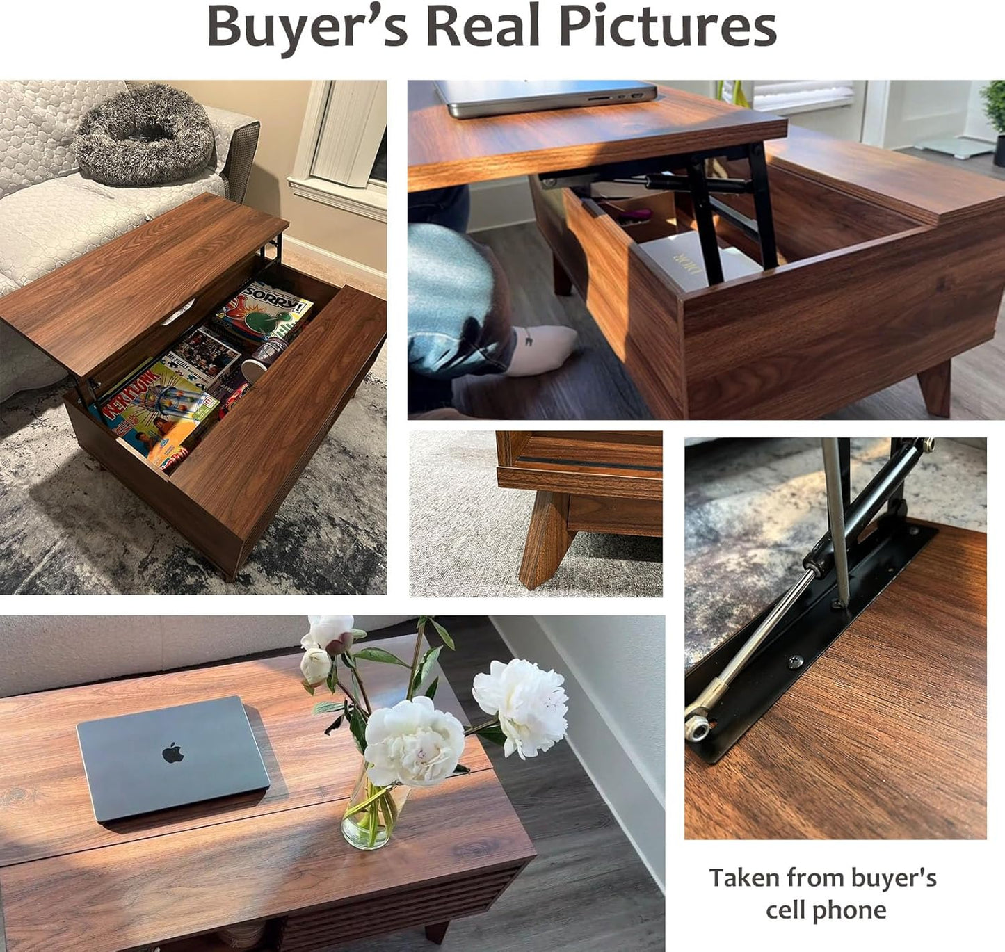 HAIOOU Lift Top Coffee Table, Mid Century Modern Coffee Table with Storage, Walnut Coffee Tables for Living Room with Sliding Fence Door, 35.4'' Rectangular Fluted Center Table (Brown)