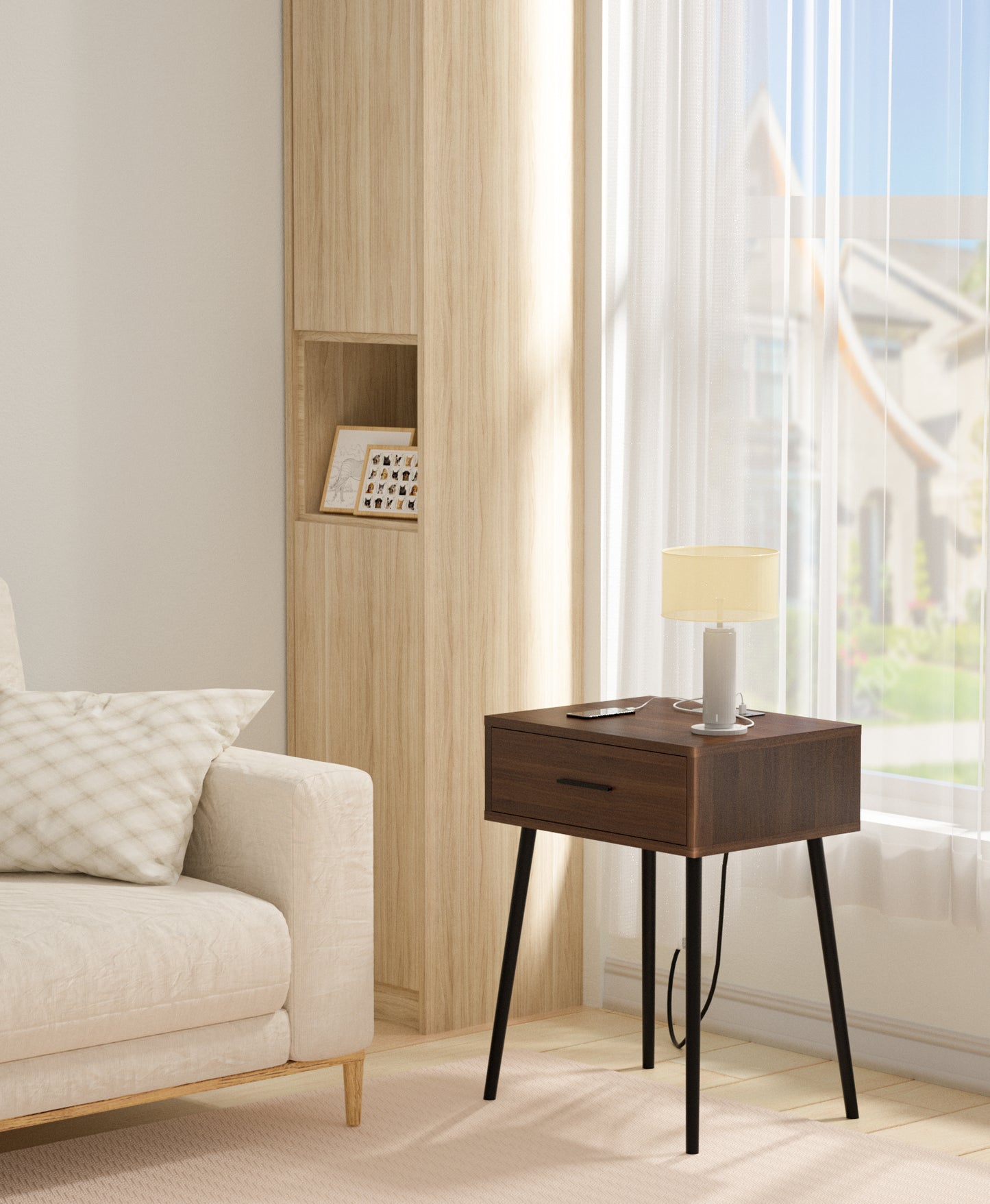 HAIOOU End Table with Charging Station, Modern One Drawer Nightstand Side Table