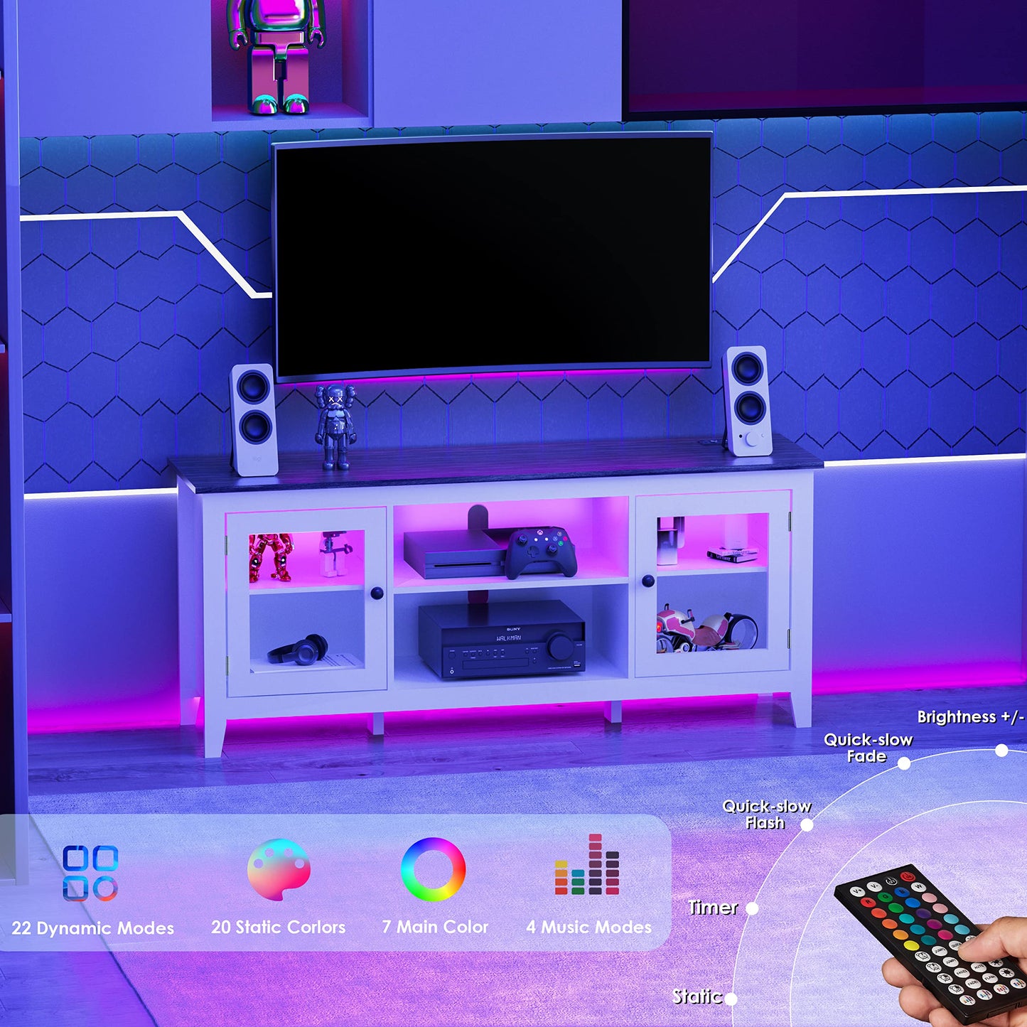HAIOOU LED TV stand with charging station,Television Media Console Cabinet with LED Lights