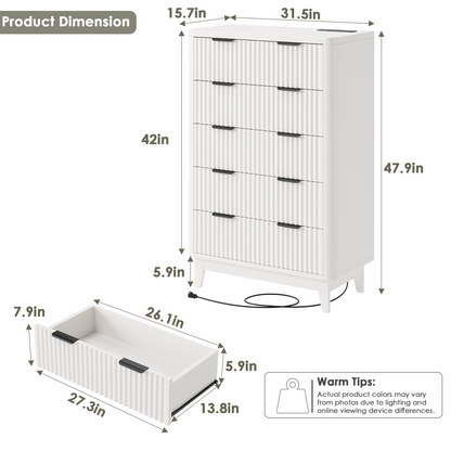 HAIOOU Fluted 5 Drawers Dresser for Bedroom,White