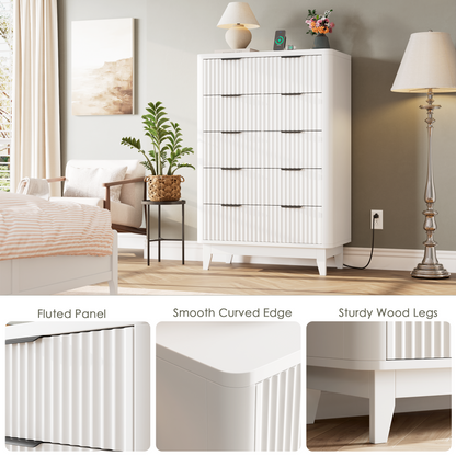 HAIOOU Fluted 5 Drawers Dresser for Bedroom,White