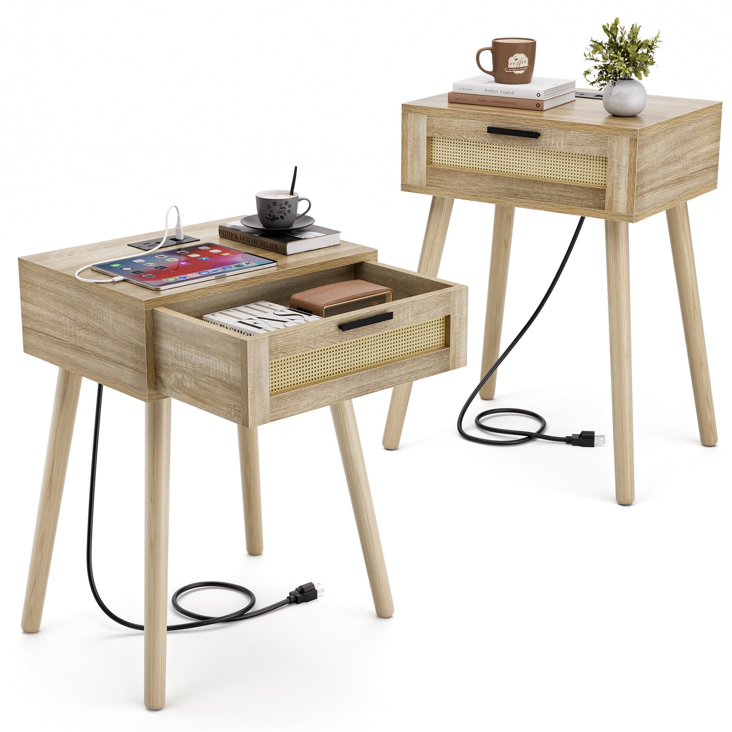 HAIOOU Nightstand with Charging Station Rattan Drawer