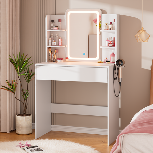 Modern Wooden Vanity Desk with Adjustable LED Lights