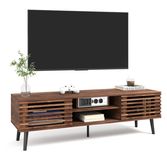 HAIOOU Mid Century Modern TV Stand, 52" Wooden TV Console with Slatted Sliding Doors and Storage for 50/55/60 Inch TV, Small Entertainment Center Media Console Cabinet for Living Room - Walnut Brown
