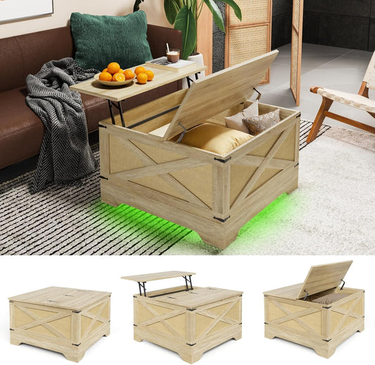 HAIOOU Farmhouse Rattan Coffee Table with Storage Natural