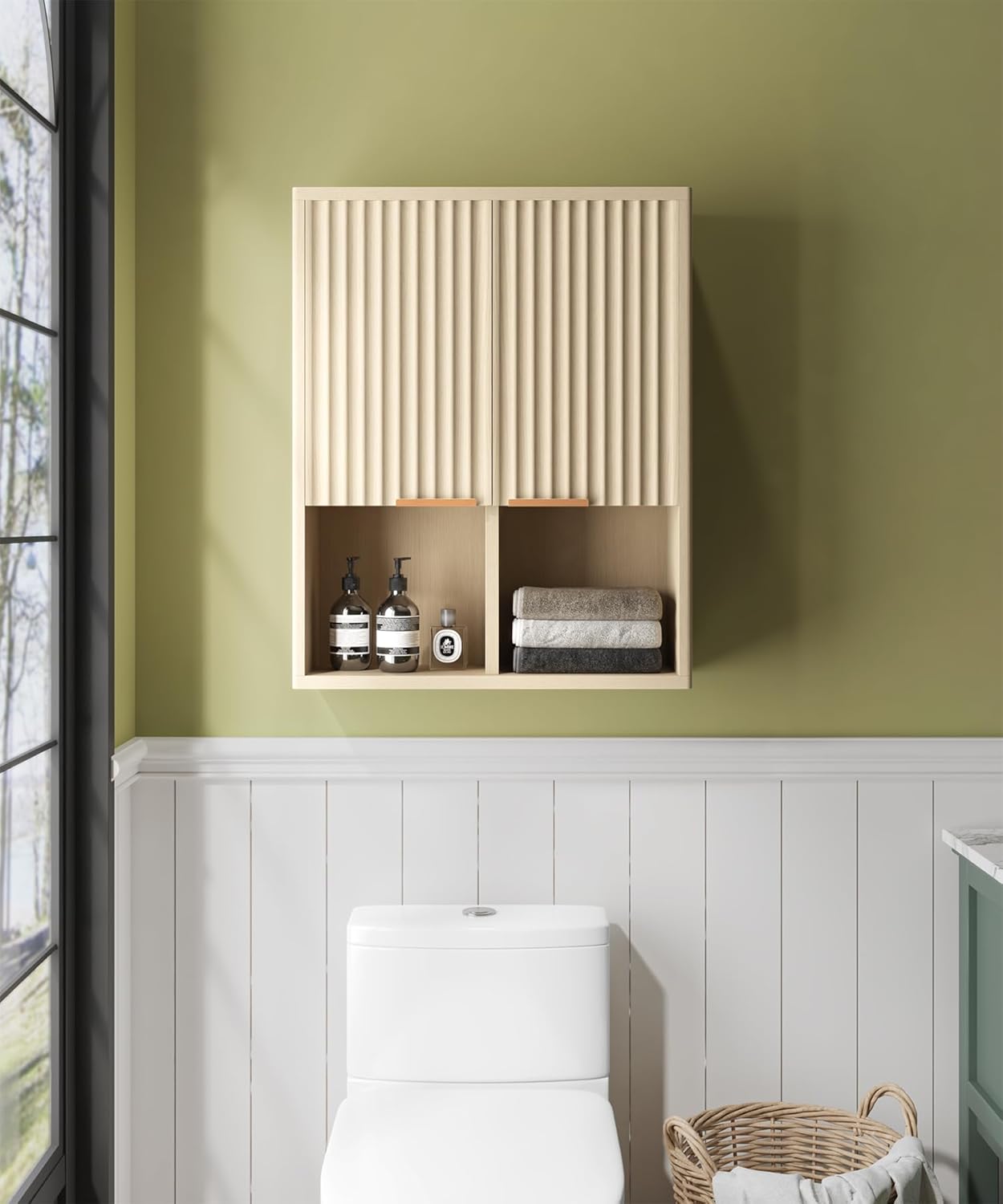 HAIOOU Fluted Bathroom Wall Cabinet with Motion Sensor Light