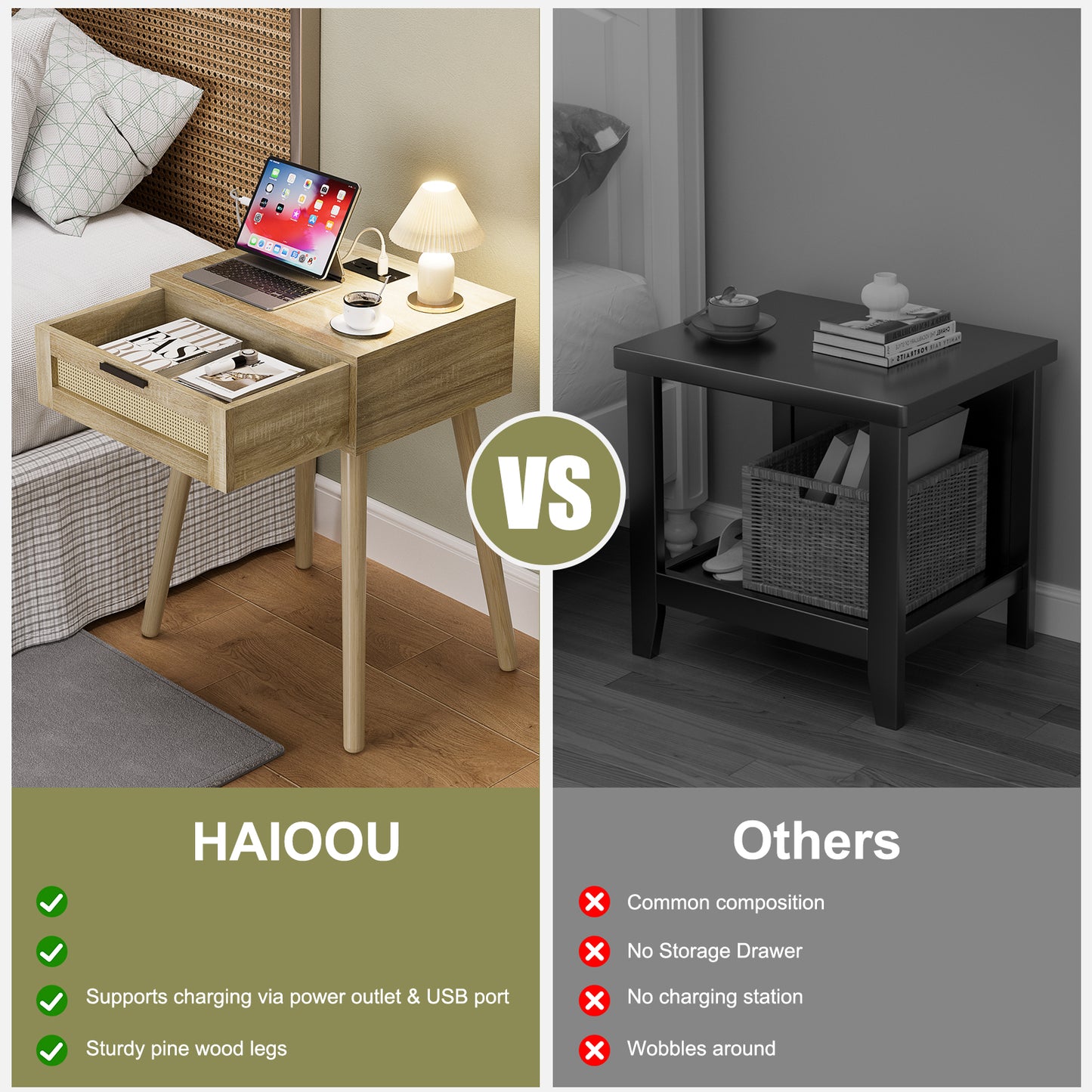 HAIOOU Nightstand with Charging Station Rattan Drawer