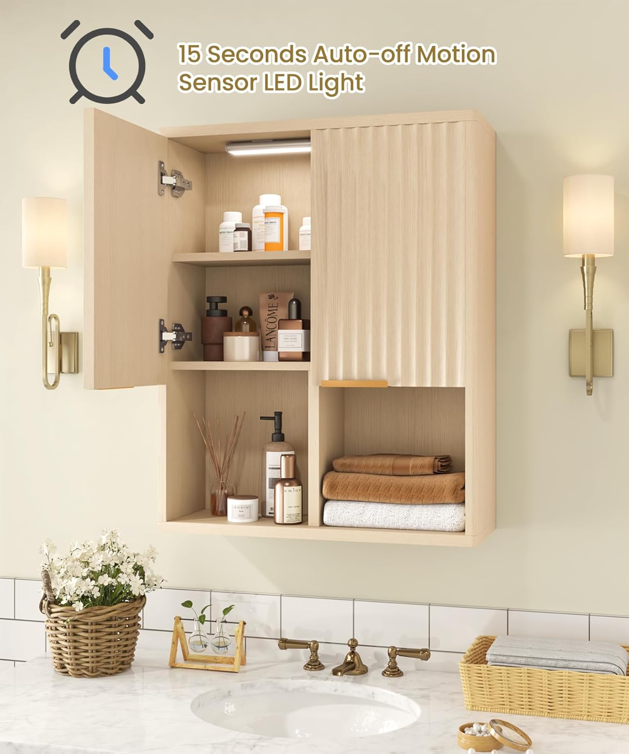 HAIOOU Fluted Bathroom Wall Cabinet with Motion Sensor Light