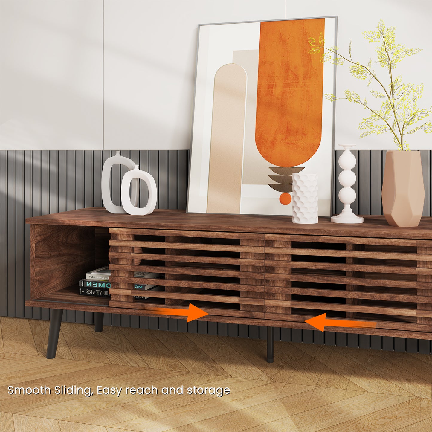 HAIOOU Mid Century Modern TV Stand, 52" Wooden TV Console with Slatted Sliding Doors and Storage for 50/55/60 Inch TV, Small Entertainment Center Media Console Cabinet for Living Room - Walnut Brown