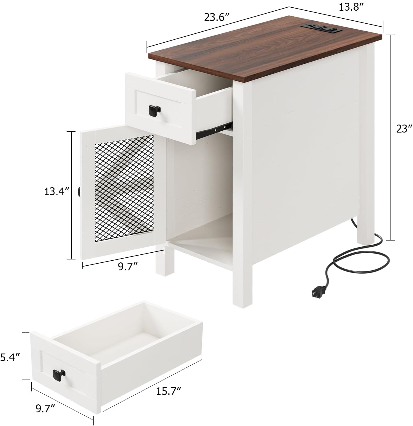 HAIOOU Farmhouse End Table with Charging Station, Narrow White Side Tables with Storage Cabinet and Drawer, Wood Nightstand with Power Outlets & USB Ports for Bedroom, Living Room