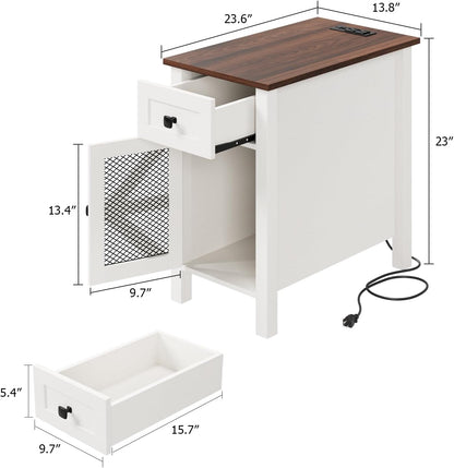 HAIOOU Farmhouse End Table with Charging Station - White and Walnut