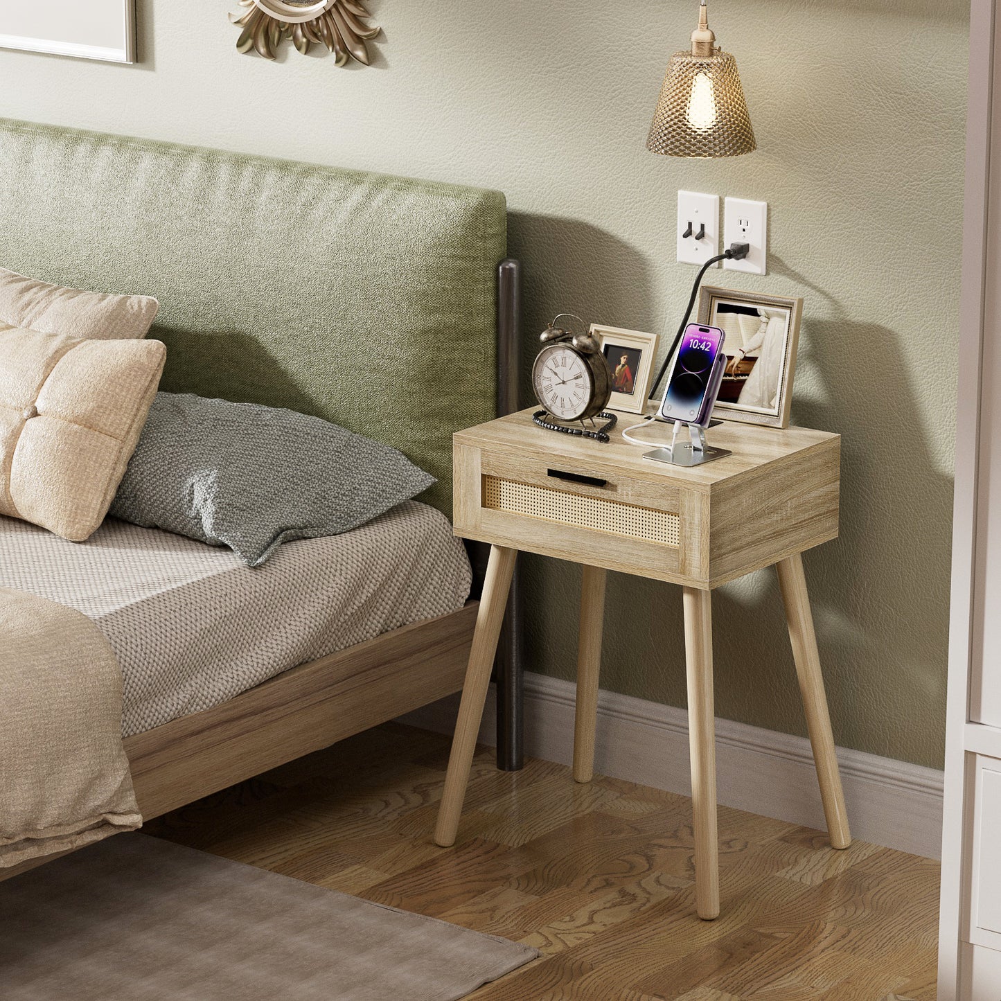 HAIOOU Nightstand with Charging Station Rattan Drawer