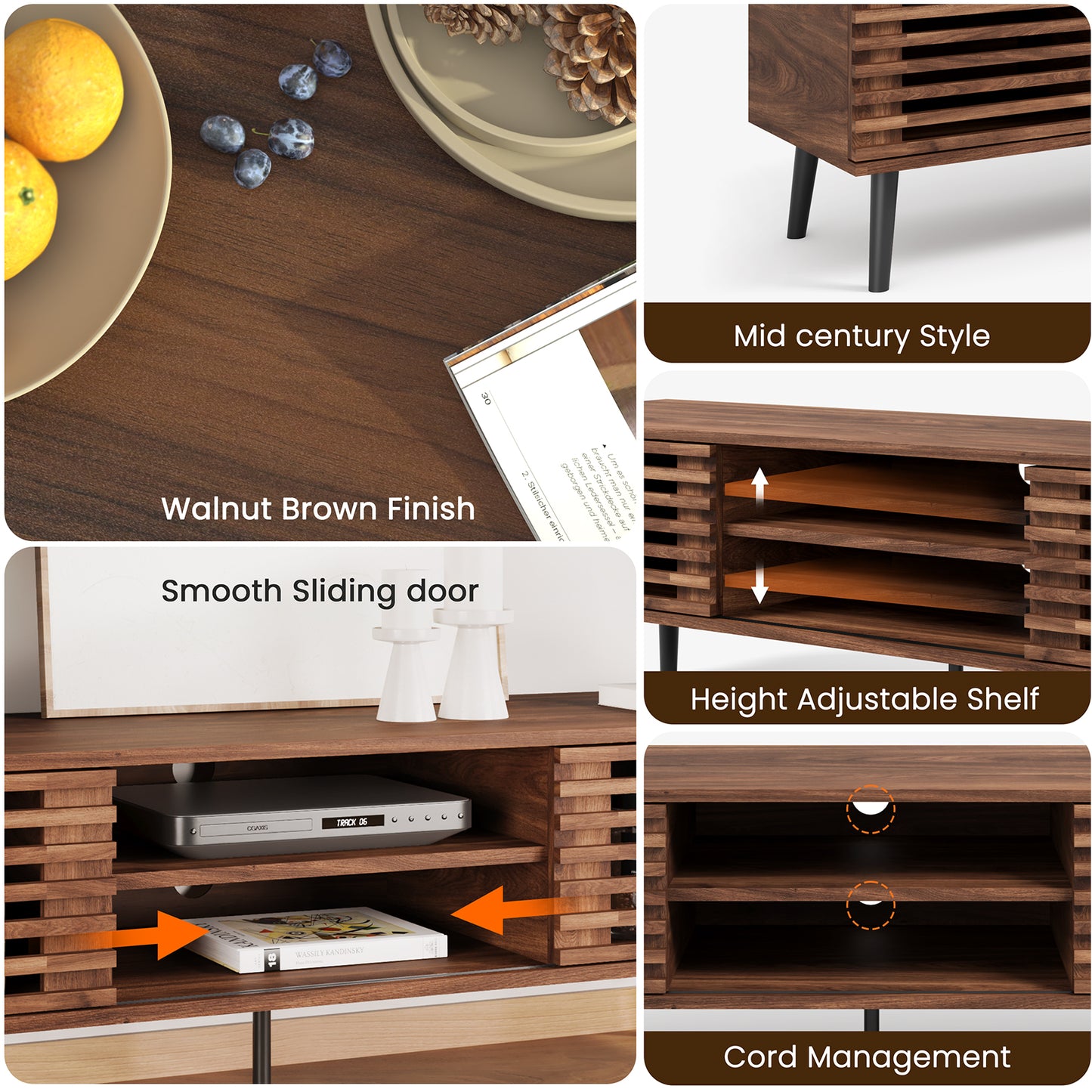 HAIOOU Mid Century Modern TV Stand, 52" Wooden TV Console with Slatted Sliding Doors and Storage for 50/55/60 Inch TV, Small Entertainment Center Media Console Cabinet for Living Room - Walnut Brown