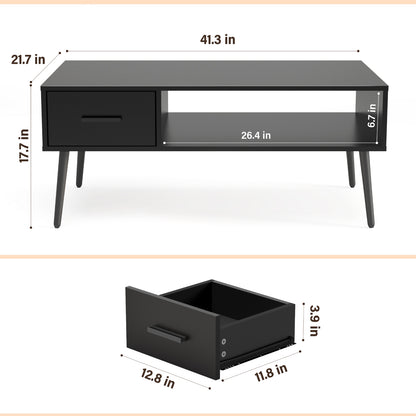Black Coffee Table with Drawer for Home, Office, Living Room