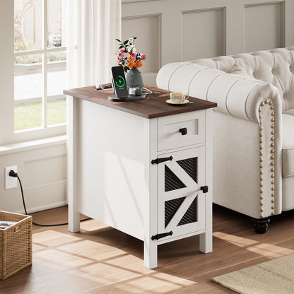 HAIOOU Farmhouse End Table with Charging Station - White and Walnut