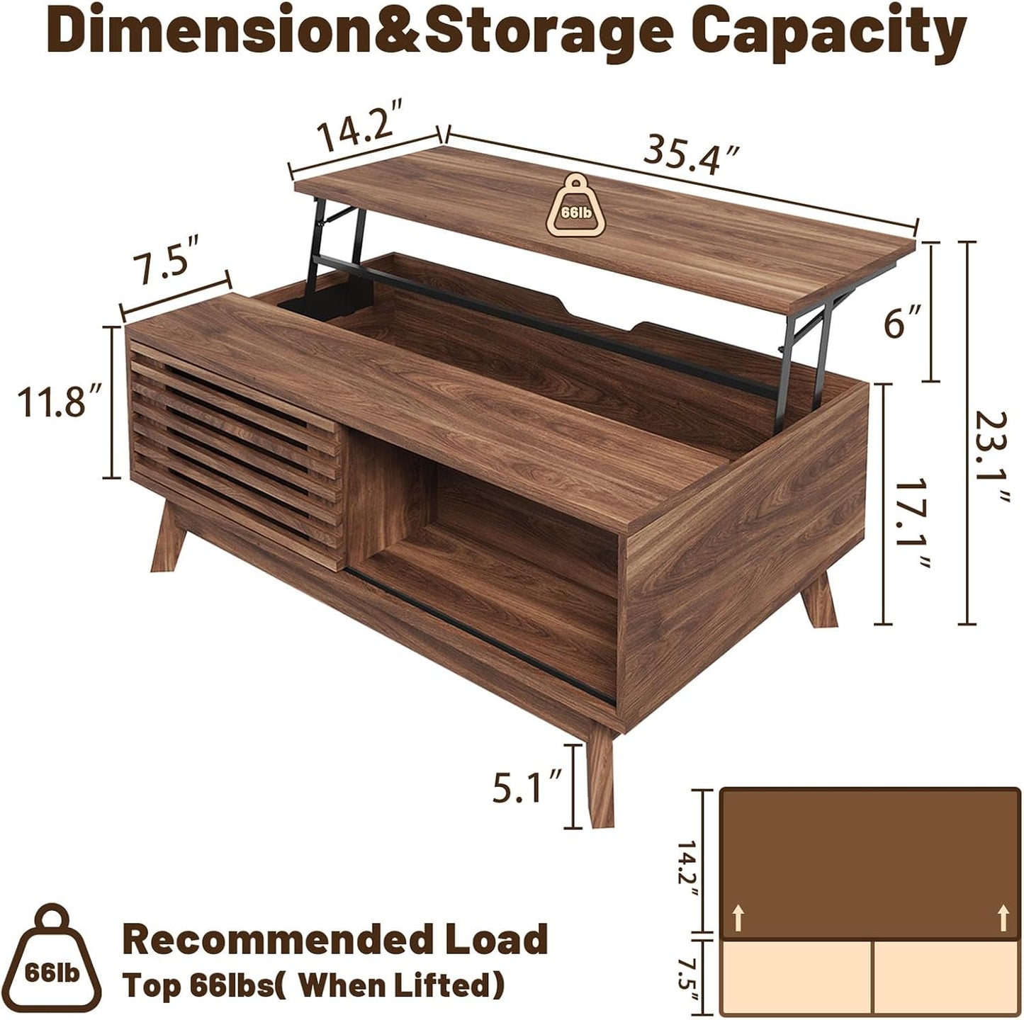 HAIOOU Lift Top Coffee Table, Mid Century Modern Coffee Table with Storage, Walnut Coffee Tables for Living Room with Sliding Fence Door, 35.4'' Rectangular Fluted Center Table (Brown)