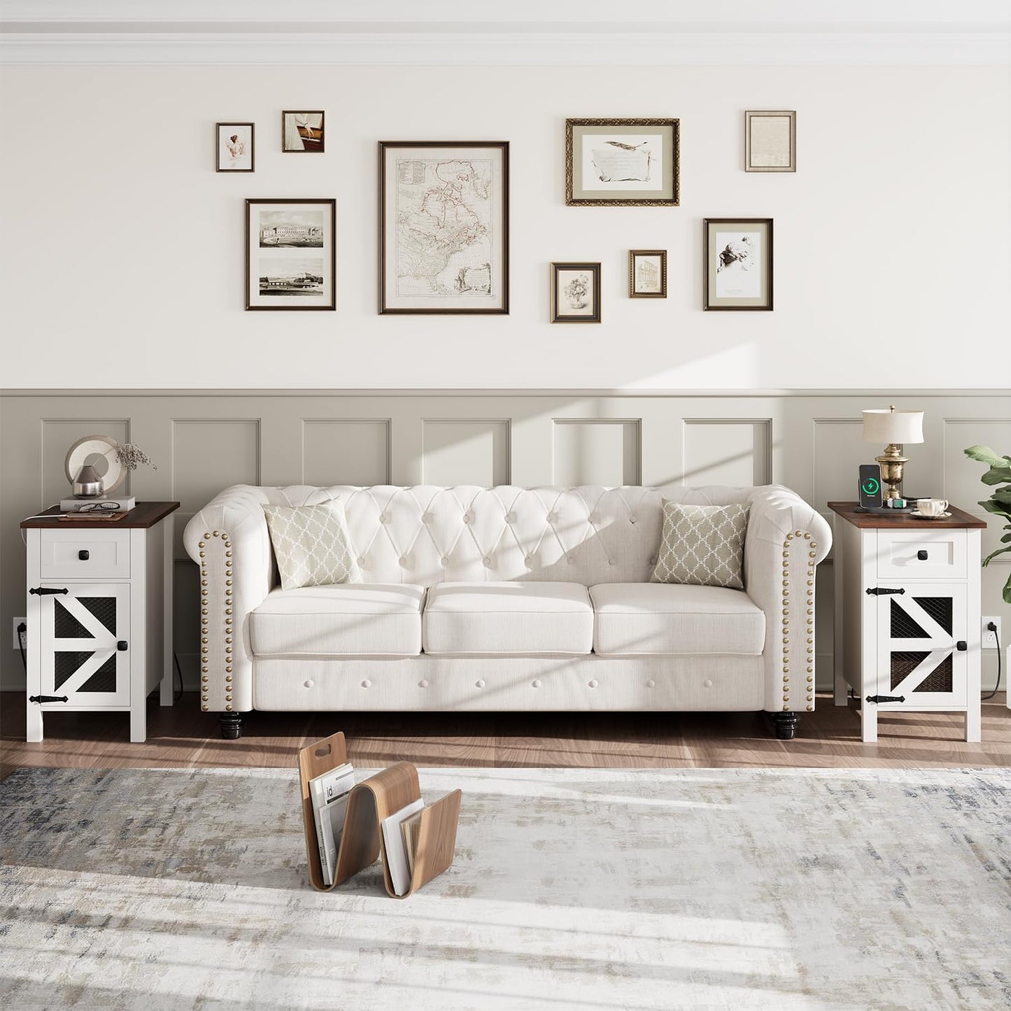 HAIOOU Farmhouse End Table with Charging Station, Narrow White Side Tables with Storage Cabinet and Drawer, Wood Nightstand with Power Outlets & USB Ports for Bedroom, Living Room