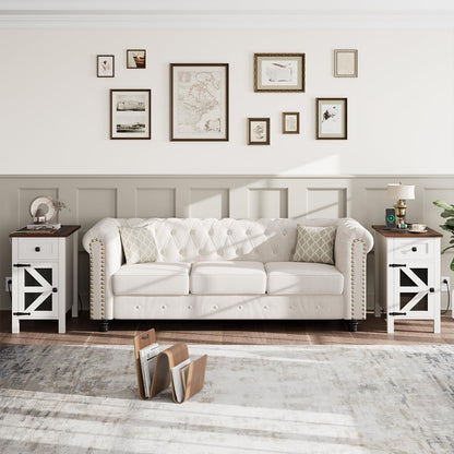 HAIOOU Farmhouse End Table with Charging Station - White and Walnut