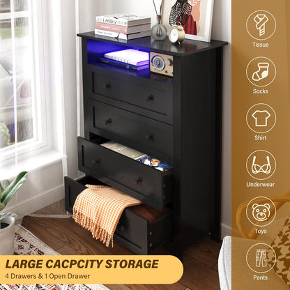 HAIOOU Black Chests of Drawer with Charging Station and LED Lights