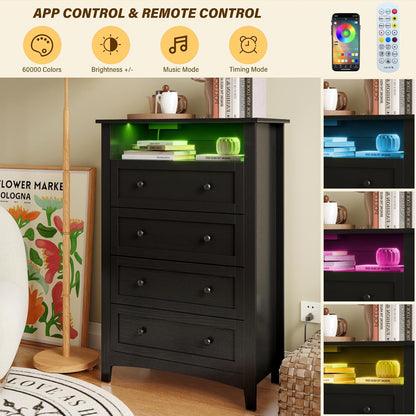 HAIOOU Black Chests of Drawer with Charging Station and LED Lights