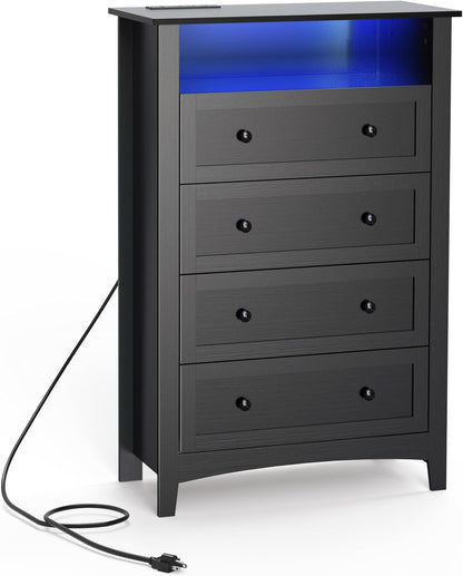 HAIOOU Black Chests of Drawer with Charging Station and LED Lights